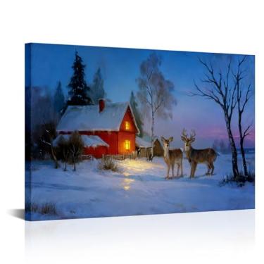 Imagem de Zlove Arte de parede em tela de paisagem de inverno, fotos de veados, decoração de parede - Moldura vintage de cena de neve para decoração de quarto e sala de estar, 61 x 91 cm (azul)