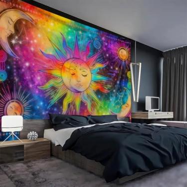 Imagem de FENDROM Tapeçaria hippe boho sol e lua, tapeçarias coloridas tripy, estética mística, sol ardente, lua, cobertor para pendurar na parede para quarto, sala de estar, dormitório