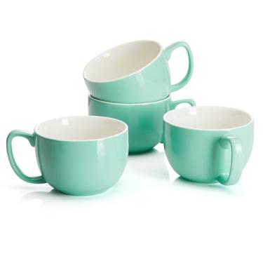 Imagem de Teocera Conjunto de 4 canecas de café grandes de 473 ml - Copos de porcelana verde menta grossa para cappuccino, latte, chá e chocolate quente - cerâmica segura na lava-louças com alças confortáveis