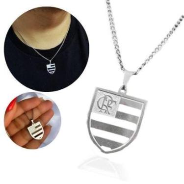 Imagem de Cordão Colar Feminino Masculino Prata Grumet 45cm Pingente Escudo Flamengo Aço Inox-Masculino