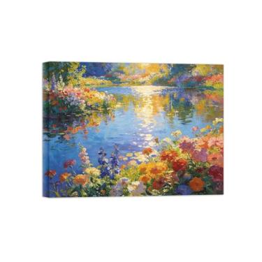 Imagem de Impressão em tela de paisagem de arte de parede - flores coloridas de primavera - pinturas de decoração de lago - imagens para sala de estar pronta para pendurar tela embrulhada 80 x 105 cm 31 x 41