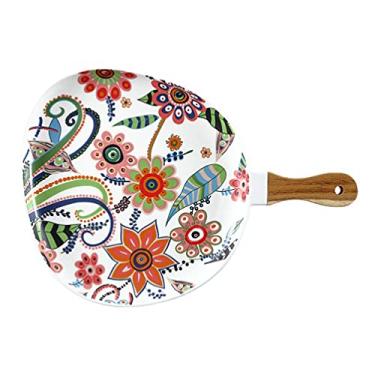 Imagem de Prato de bife de porcelana Pratos de cerâmica Prato de jantar Pratos de bife de porcelana Pratos de café da manhã Prato de sobremesa para macarrão Coleção de louças com cabo de madeira Bandeja de cerâ