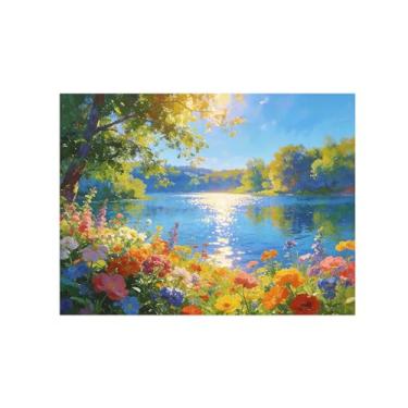Imagem de BMZFYBS Impressão em tela de paisagem, arte de parede, árvore, flores, lago, pintura, quadros, para sala de estar, quarto, 80 x 105 cm, sem moldura