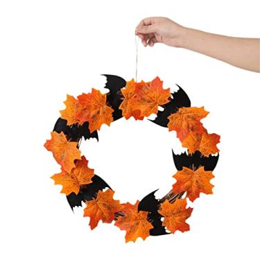 Imagem de Coroa para Porta da Frente de Halloween Guirlanda Suspensão Folha Maple Artificial Morcego Parede Festa Feriado Decoração Casa Assombrada Interior Orn