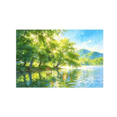 Imagem de Impressão em tela de paisagem de arte de parede - Forest Lake Deer - Pintura de decoração - Imagens para sala de estar quarto 20 x 30 cm 8 x 12 polegadas sem moldura