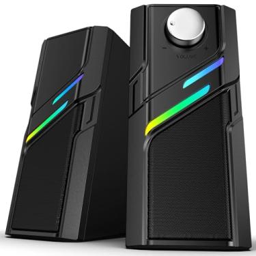 Imagem de LENRUE Alto-falantes de computador para PC de mesa com botão fácil, som nítido e potente, luzes sensíveis ao toque, plug and play para computador, desktop, monitores, laptop