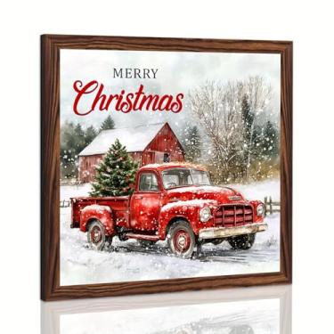 Imagem de Merry Christmas Placa emoldurada de madeira placa de decoração de Natal caminhão celeiro paisagem de inverno arte de parede decoração vintage para decoração de casa de inverno, casa de fazenda 20 x 20