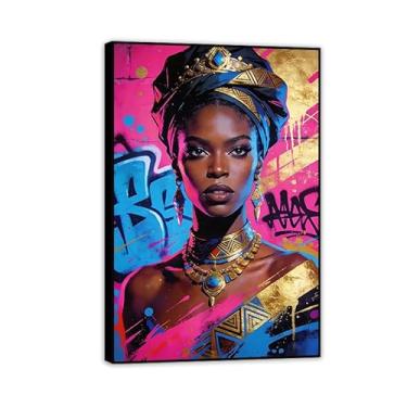 Imagem de Alba Art Pôster colorido preto mulher afro-americana grafite menina decoração de parede preto pintura em tela impressões abstratas para sala de estar quarto banheiro 60 x 40 cm (24 x 16 pol) moldura