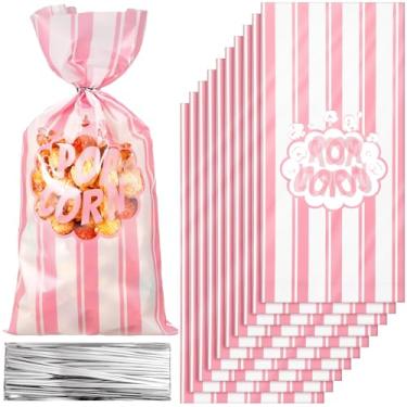 Imagem de Ninehaoou 200 unidades de sacos de pipoca a granel de filmes noturnos, sacos de plástico para pipoca, recipientes de lanche de milho com laços torcidos para festa de formatura de carnaval (rosa)