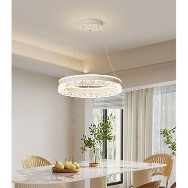Imagem de Luminária pendente LED moderna e sofisticada para restaurantes, com design de anel e cristais em acrílico, dimerizável, controle remoto e ajuste de intensidade. (Branca)