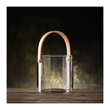 Imagem de x3anggyt5 Balde de gelo de vidro transparente, recipiente pequeno para cubos de gelo, champanhe, cerveja, vinho, refrigerador com alça de bambu para freezer, coquetel, bar, festa, recipiente de gelo
