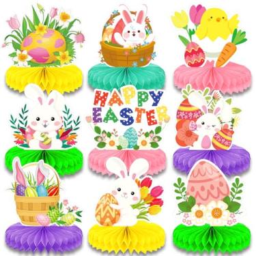 Imagem de 9 peças de decoração de mesa de centro de mesa de favo de mel de Páscoa, coelhinho fofo e ovos feliz páscoa primavera padrão festivo enfeite de mesa sinais, decorações de festa de dia de Páscoa