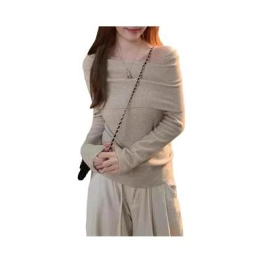Imagem de Suéter De Malha Feminino Com Ombros Descidos, Manga Longa, Ajuste Slim