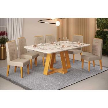 Imagem de Conjunto: Mesa de Cozinha Celeste c/ Tampo Madeirado c/ Vidro Retangular 160x90cm e 6 Cadeiras Lia Cedro/Off White - Suede Kraft - DJ Móveis