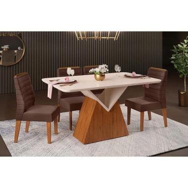 Imagem de Sala de Jantar Completa Argo c/ Tampo Madeirado c/ Vidro Curvo 136x90cm e 4 Cadeiras Ondina Freijo/Off White - Suede Moca - DJ Móveis