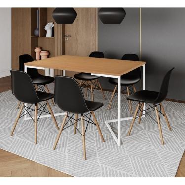 Imagem de Mesa Jantar Industrial Retangular Canela 137X90Cm Base V Ferro Branco C/6 Cadeiras Preta Mad Canela
