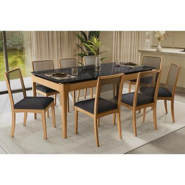 Imagem de Sala Jantar Mesa Mira Premium Madeira Maciça c/ Tampo Madeirado c/ Vidro 200x100cm e 8 Cadeiras Lara Carvalho/Preto - Boucle Chumbo - Kappesberg