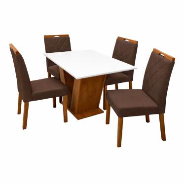 Imagem de Mesa de Jantar Classic 120x80cm com Vidro e 4 Cadeiras California em Veludo Estofadas Cel Móveis Cor Cinamomo Off White com Tecido Marrom