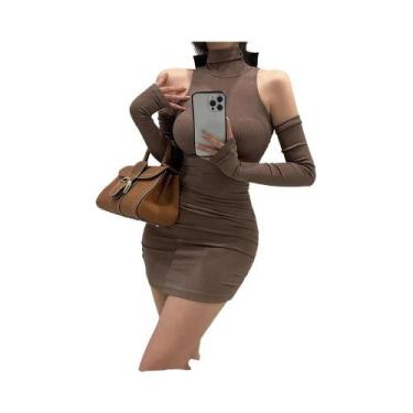 Imagem de Vestido Mini Preto Feminino Sem Mangas Plissado Gola Alta Com Amarraçã