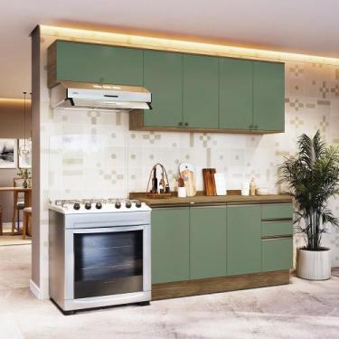 Imagem de Armário de Cozinha Completa 100% MDF 240cm Nogueira/Verde Celeste Kapp