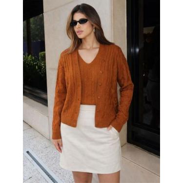 Imagem de Conjunto Feminino Casaco e Blusa Twinset Tricot Malha Inverno Decote e