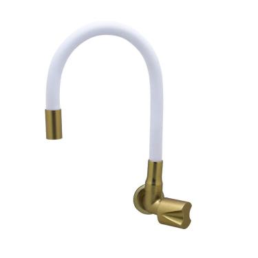 Imagem de Torneira Cozinha Parede Tubo Flexível Gourmet Branco E Dourado Fosco Colorida Metal Luxo