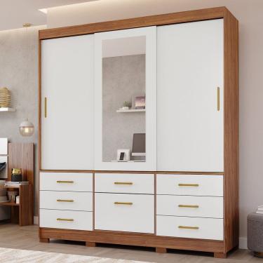 Imagem de Guarda-roupa Casal 4 Portas 7 Gavetas com Espelho e Pés 192cm 100% Mdf Penedo Espresso Móveis Cinamomo/Off White