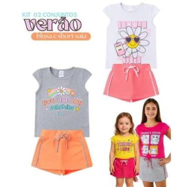 Imagem de Kit 2 Conjuntos Verão Infantil Juvenil Feminino Blusa e Shorts Saia Moletinho Roupa Menina 10 - 16-Feminino