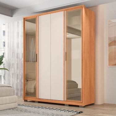 Imagem de Guarda-roupa 4 Portas e 3 Gavetas com Vidro Reflecta Cristal New Freijó/Off White