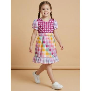 Imagem de Vestido Infantil Rodado Rosa Rainbow Festa Junina 2026 São João Tamanh