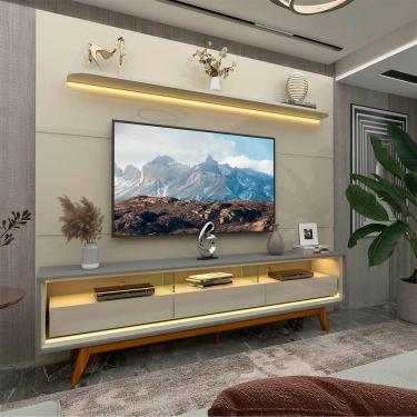 Imagem de Painel e Rack LED Pés Madeira Royal Requinte 212 Off White Cinza - Gelius