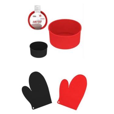 Imagem de Kit com Forma Molde de Silicone Redonda 600ml Luva de Silicone  Bolo P