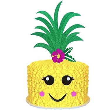 Imagem de Palksky Glitter Big Pineapple Cake Topper Set With Eyes, Dimple, Mouth/Tropical Hawaiian Aloha Luau Themed Party Cake Decoration Supplies for Birthday Wedding Baby Shower(17cm x 15cm )