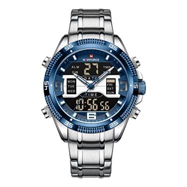 Imagem de Relógio analógico masculino digital à prova d'água relógios esportivos de aço inoxidável relógios de pulso militares de quartzo, Prateado, azul