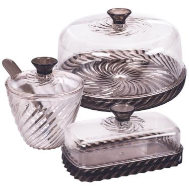 Imagem de Kit porta manteiga queijeira e açucareiro de plástico Cristal Twist preto Plasutil