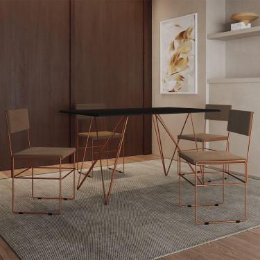 Imagem de Mesa Jantar Industrial Trama 1,40X0,80M Preta Com 4 Cadeiras Estofadas Vitória Marrom E Cobre