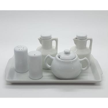 Imagem de Kit Cozinha - Bandeja + Saleiro Mesa + Paliteiro + kit 2 Galheteiros + Açucareiro Chaleira - Porcelana Branca e Bege