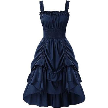 Imagem de Vestido gótico feminino cor sólida design alto baixo vestido cottagecore vestidos de manga longa para mulheres casual, Azul, G