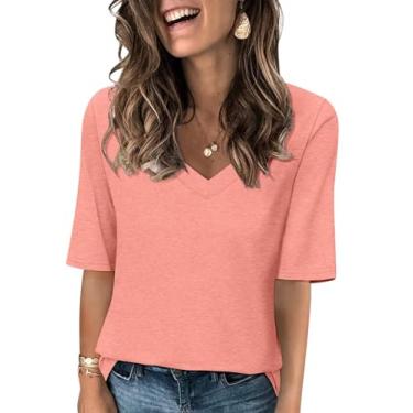 Imagem de Minetom Camisetas femininas com gola V casual meia manga camisetas básicas de verão, Um coral, M
