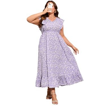 Imagem de KOJOOIN Vestido feminino plus size de verão com bolso com babados, sem mangas, decote em V, fenda lateral, vestido longo de praia, Flor branca roxa - 1, XGG