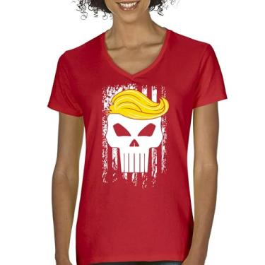 Imagem de Camiseta feminina com gola V bandeira Trump 2024 Make America First Great Again Deplorable Skull My President MAGA Republican FJB, Vermelho, P