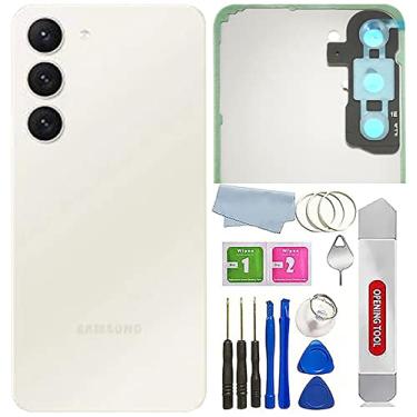 Imagem de Capa traseira de vidro para Galaxy S23 de substituição à prova d'água com lente de vidro da câmera e peças de fita para celular Samsung Galaxy S23 + ferramentas (creme)