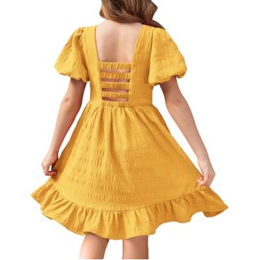 Imagem de Arshiner Vestido feminino frente única manga curta gola quadrada bainha babados vestidos elegantes, Amarelo, 4
