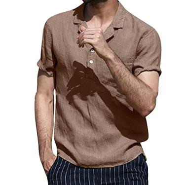 Imagem de Camiseta masculina Henley de algodão e linho - Camiseta moderna de praia de manga curta, modelos clássicos com bolsos, blusas lisas, Marrom, XXG
