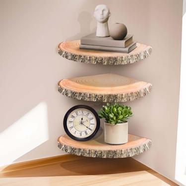 Imagem de ShineZoom - Prateleira de Canto Montada na Parede, 3 Peças, Rústica, Prateleira Flutuante de Madeira com Borda Viva, para Quarto/Banheiro/Decoração de Sala