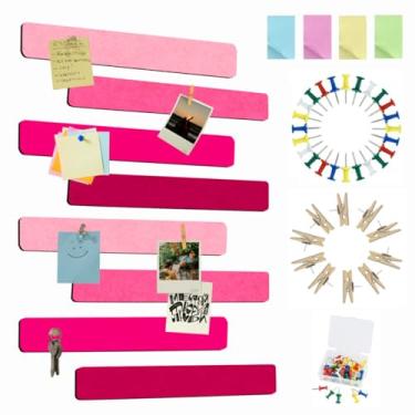 Imagem de Vuzvuv 8 tiras de barra de quadro de avisos com 50 pinos e 10 pinos de clipe de madeira, placa de cortiça autoadesiva para parede, placa de feltro para escola, decoração de escritório (multirosa)