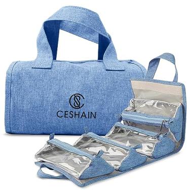 Imagem de A F Bolsa de maquiagem dobrável para pendurar kit de higiene pessoal organizador de viagem para mulheres – 4 sacos de armazenamento removíveis – Organize maquiagem, CB-BLUE Cb-azul, bolsa de maquiagem dobrável, Cinza: azul, Bolsa de maquiagem dobrável