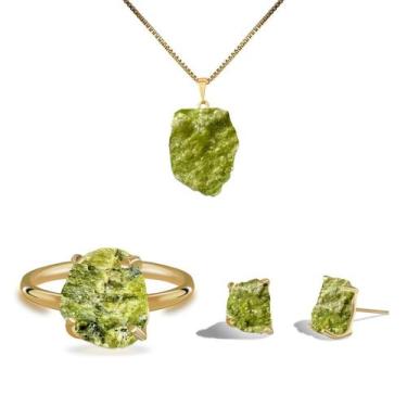 Imagem de Conjunto Natura Serpentinita - Cristal Natural, Banho Ouro 18k