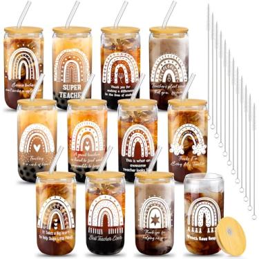 Imagem de Pinkunn 12 peças de presentes de agradecimento ao professor copos de vidro para professores 473 ml copo de cerveja em forma de lata com tampas, escovas de palhinhas, presentes de agradecimento do professor engraçados para aniversário novos professores (simples)