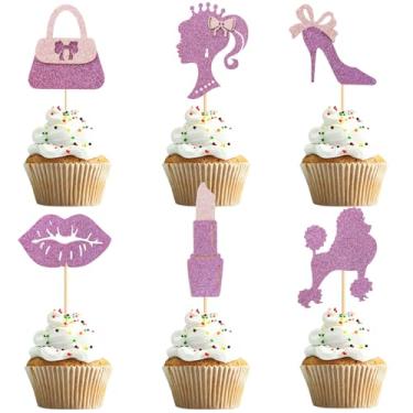 Imagem de UXYOKM 24 peças de topos de cupcake de princesa rosa glitter salto alto batom gravata borboleta bolsa de mão escolhas de cupcake casamento chá de panela meninas festa de aniversário decoração de bolo